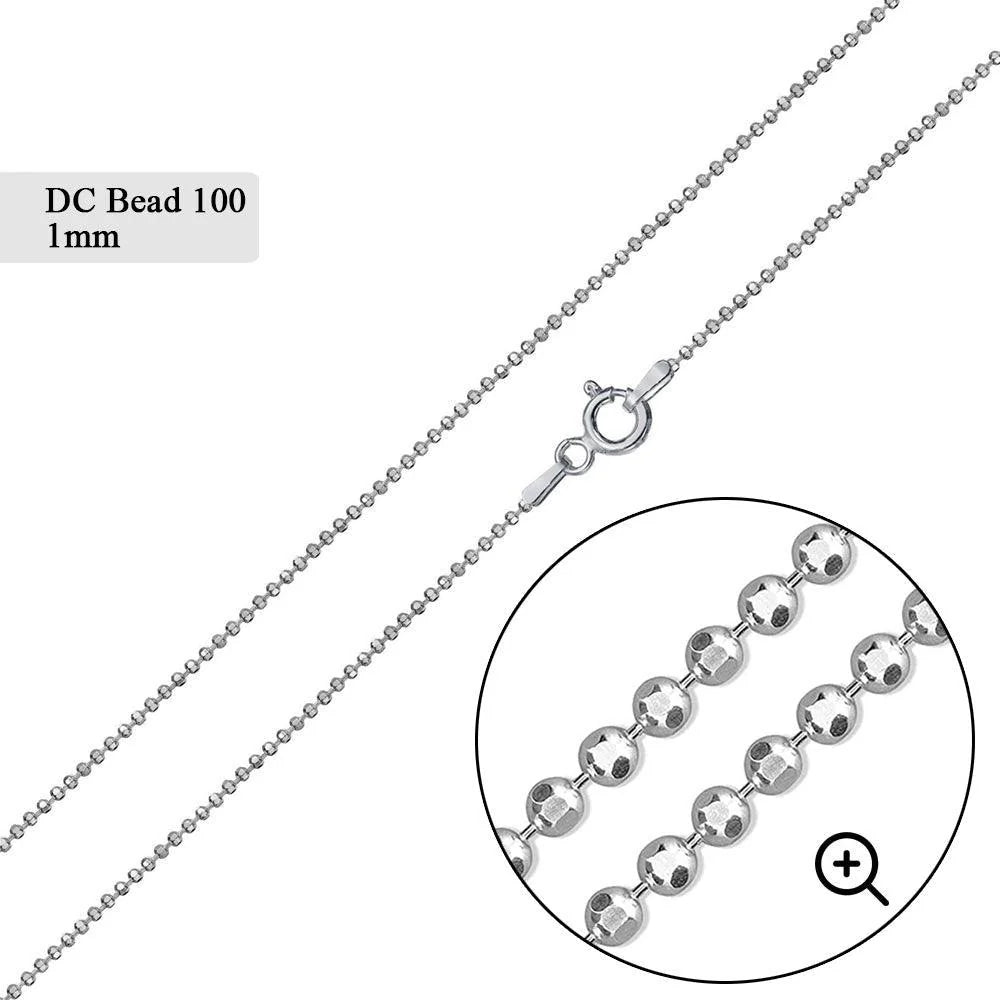 925 Sterling Silver Diamond Cut Bead 100 Chains 1mm (Pk of 6)