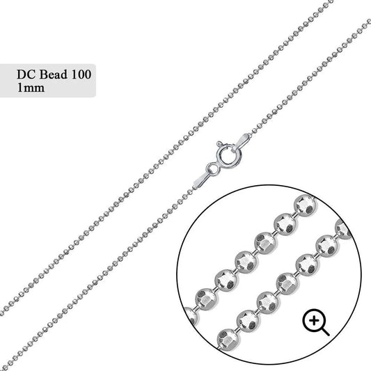 925 Sterling Silver Diamond Cut Bead 100 Chains 1mm (Pk of 6)