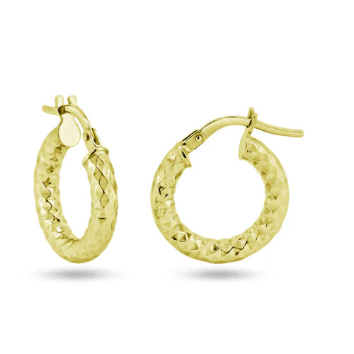 925 Sterling Silver Gold Plated 3mm Diamond Cut Textured Hoop Earrings
