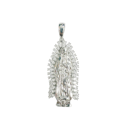 925 Sterling Silver Rhodium Plated Our Lady Of Guadalupe Baguette Clear CZ Pendant