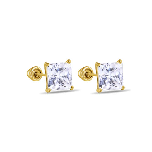 14 Karat Yellow Gold Square Moissanite Stud Screw Back Earring