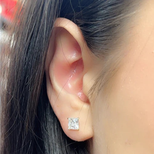 14 Karat Yellow Gold Square Moissanite Stud Screw Back Earring
