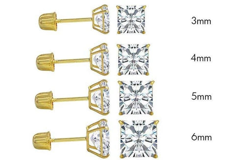 14 Karat Yellow Gold Square Moissanite Stud Screw Back Earring