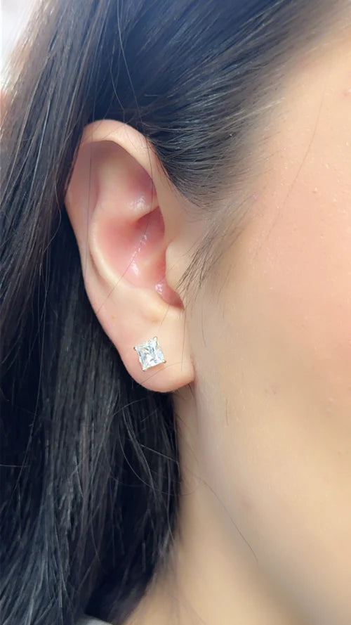 14 Karat Yellow Gold Square Moissanite Stud Screw Back Earring