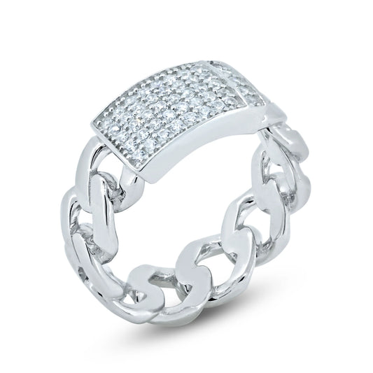 925 Sterling Silver Rhodium Plated CZ Encrusted ID Cuban Link Ring