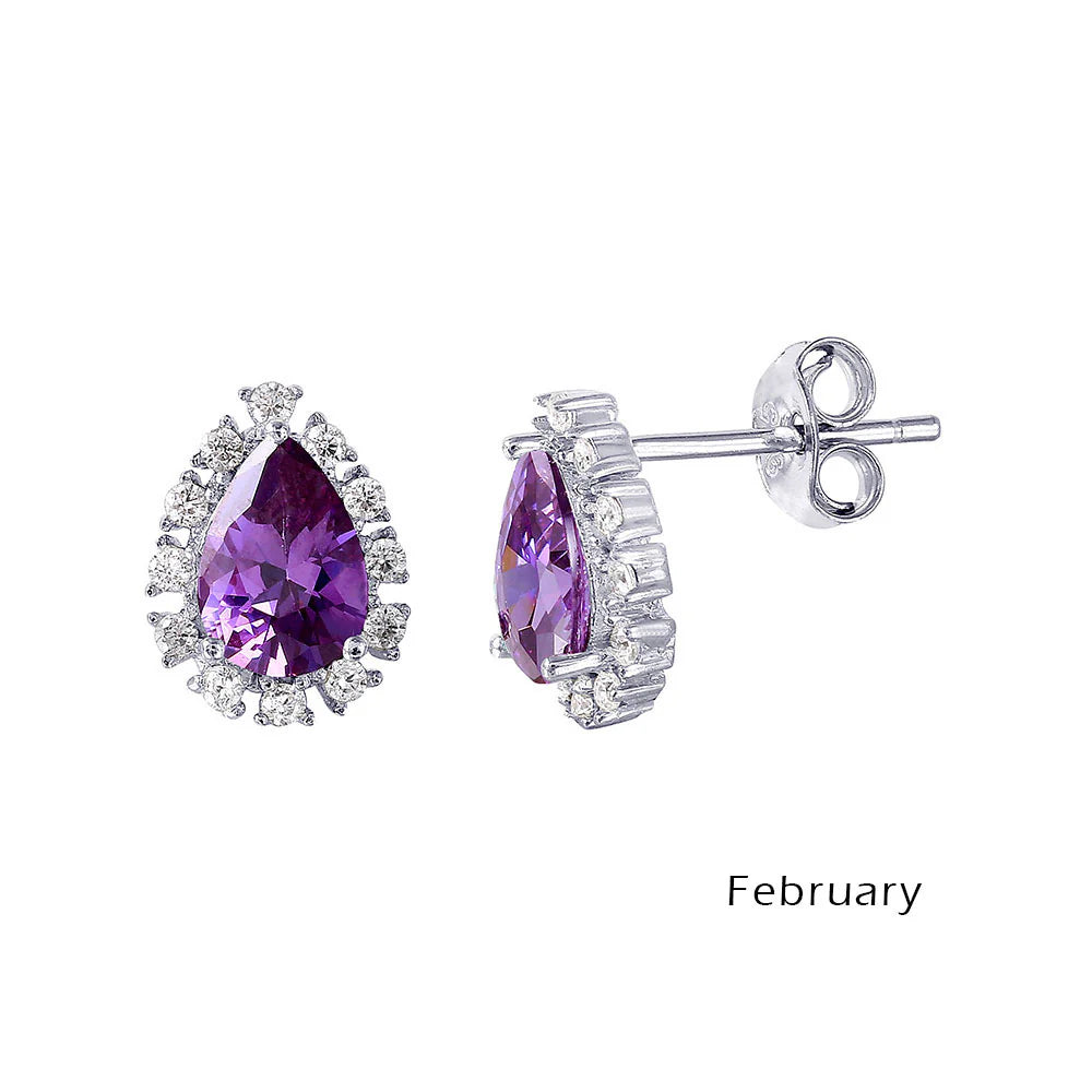 925 Sterling Silver Rhodium Plated Teardrop Halo CZ Birthstone Earrings