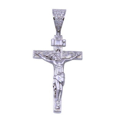925 Sterling Silver Rhodium Plated CZ Small Wooden Crucifix Pendant