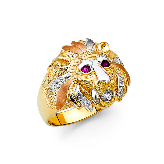 14K Men’s Tri-Color Lion Head CZ Ring with Synthetic Ruby Eyes