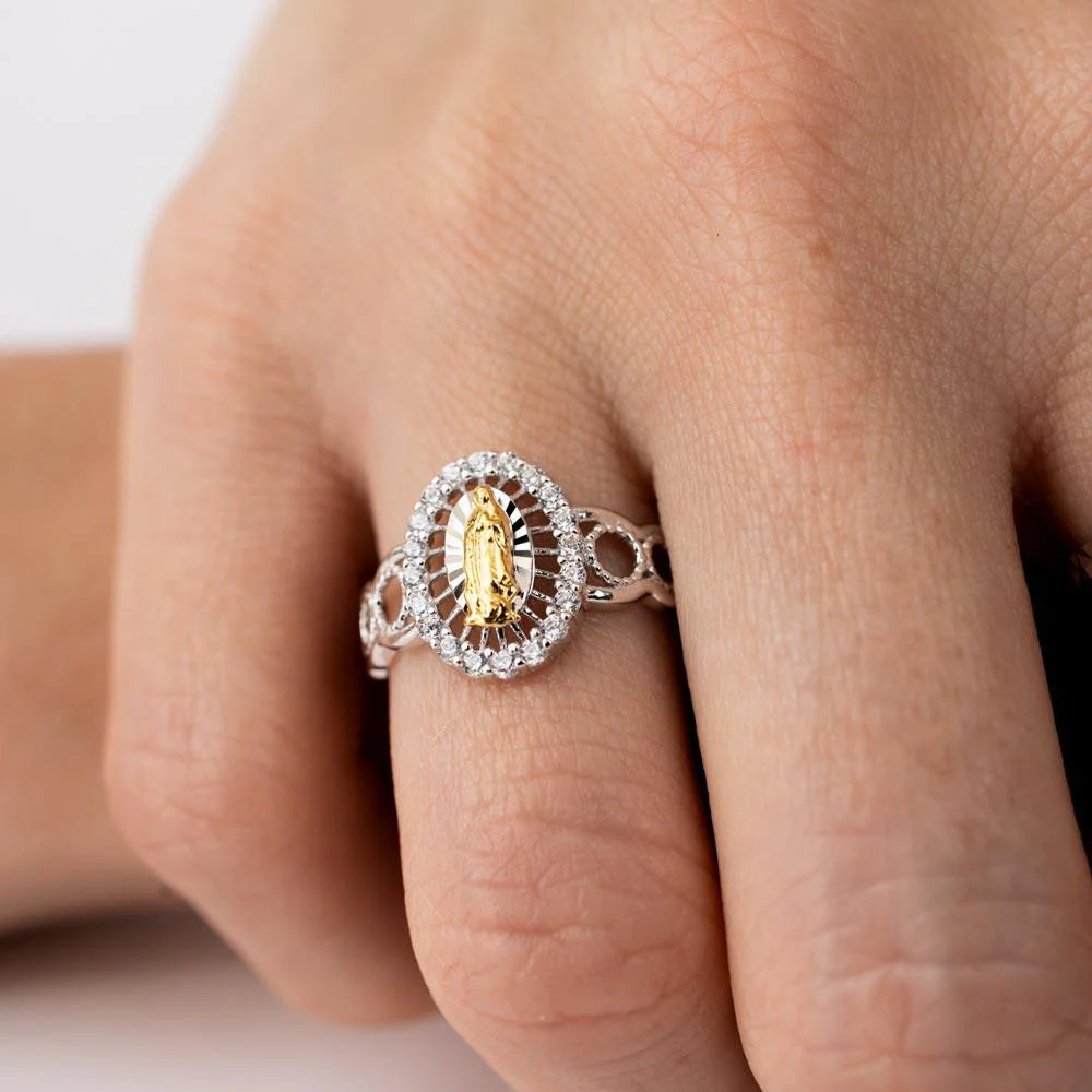 925 Sterling Silver Two-Tone  Lady of Guadalupe Open Circle Shank Ring