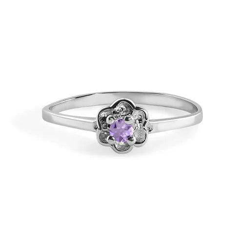 925 Sterling Silver Rhodium Plated Dainty Birthstone Flower Ring