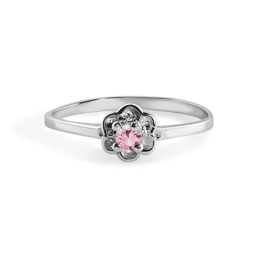 925 Sterling Silver Rhodium Plated Dainty Birthstone Flower Ring