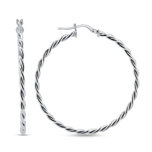 925 Sterling Silver Rhodium Plated Twisted Hoop Earrings