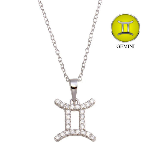 925 Sterling Silver Rhodium Plated Gemini CZ Zodiac Sign Necklace