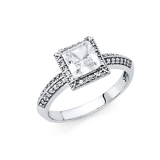 14K White Gold Women’s Princess Cut Halo Cubic Zirconia Engagement Ring