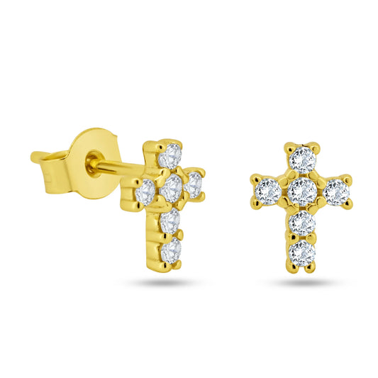 925 Sterling Silver Gold Plated Clear CZ Cross Earring