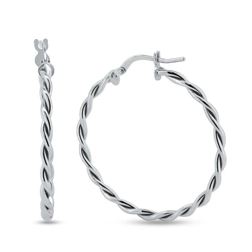 925 Sterling Silver Rhodium Plated Twisted Hoop Earrings