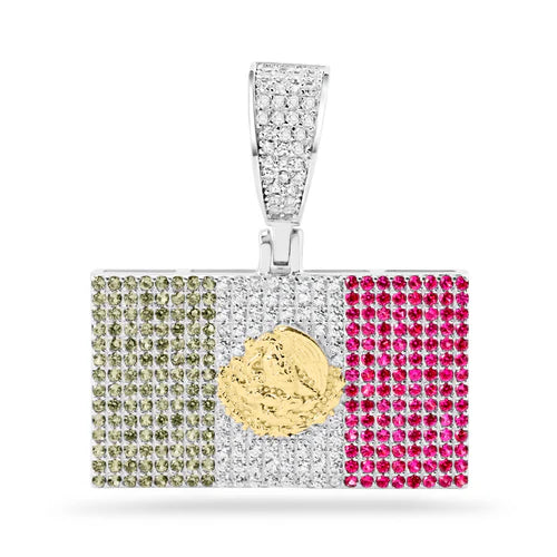925 Sterling Silver Rhodium Plated Rectangular Mexico Flag Clear, Green, Red CZ Pendant