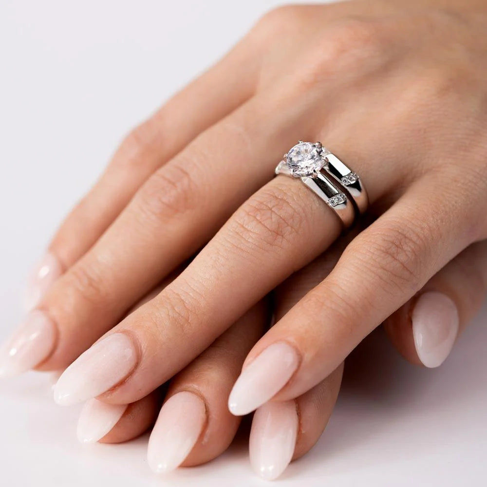 925 Sterling Silver Rhodium Plated Double Stackable Rings with CZ