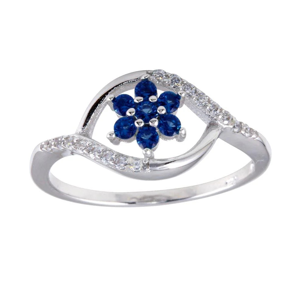 925 Sterling Silver Rhodium Plated Wave Blue Center Flower CZ Ring