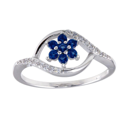 925 Sterling Silver Rhodium Plated Wave Blue Center Flower CZ Ring