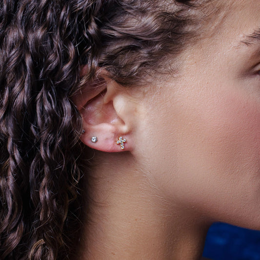 925 Sterling Silver Gold Plated Clear CZ Cross Earring