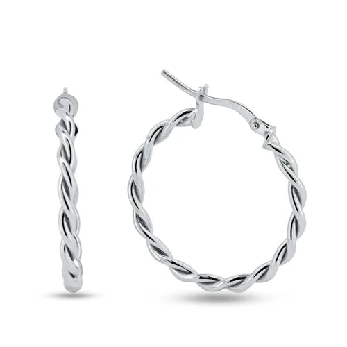 925 Sterling Silver Rhodium Plated Twisted Hoop Earrings