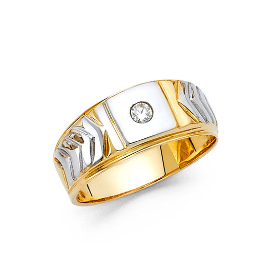 14K Two-Tone Men's Ring with Single Cubic Zirconia and Engraved Chevron Accents