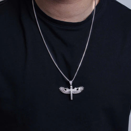925 Sterling Silver Rhodium Plated CZ Angel Wing Cross Hip Hop Pendant