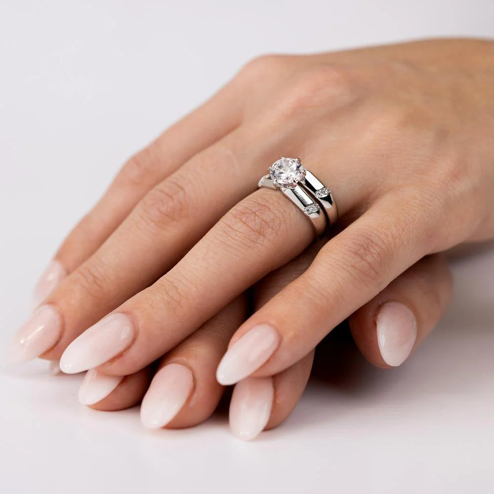 925 Sterling Silver Rhodium Plated Double Stackable Rings with CZ