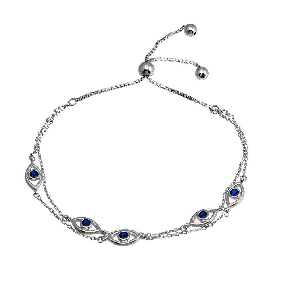 925 Sterling Silver Rhodium Toned Plated Multi Chain Evil Eye Blue CZ Lariat Bracelet