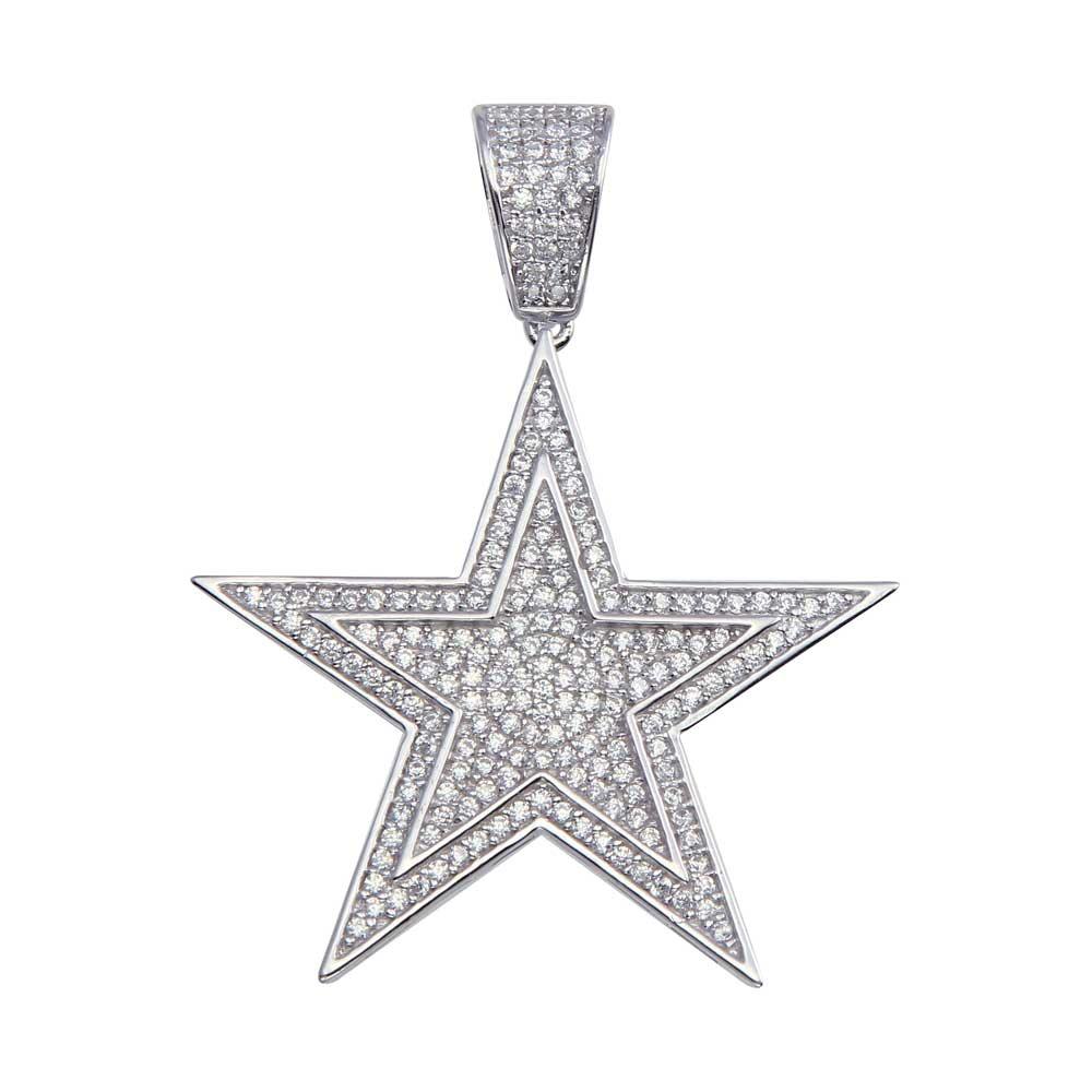 925 Sterling Silver Rhodium Plated CZ Star Hip Hop Pendant