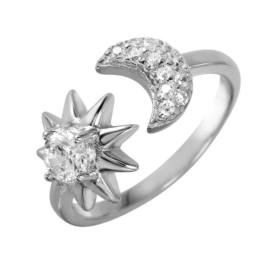 925 Sterling Silver Rhodium Plated Sun and Moon Open Ring with CZ Accents