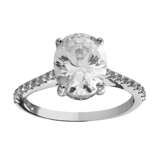 925 Sterling Silver Rhodium Plated Oval Solitaire CZ Band Ring