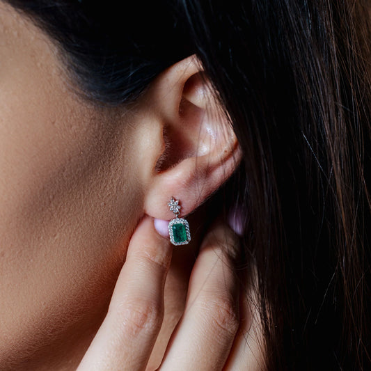925 Sterling Silver Rhodium Plated Dangling Green CZ Stud Earrings
