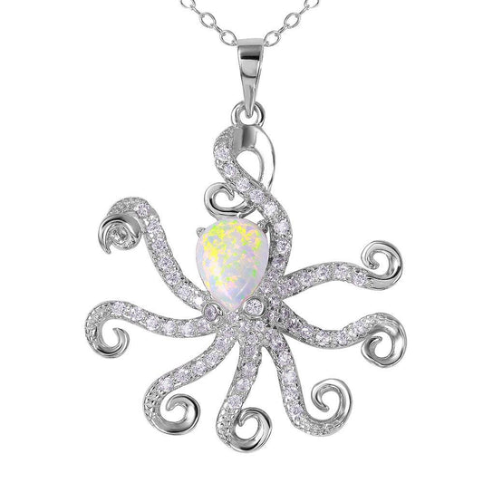 925 Sterling Silver Rhodium Plated Octopus with CZ and Synthetic Opal