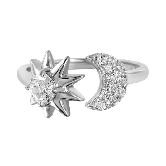 925 Sterling Silver Rhodium Plated Sun and Moon Open Ring with CZ Accents