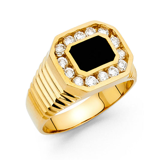 14K Yellow Gold Men's Onyx Ring with Cubic Zirconia Halo