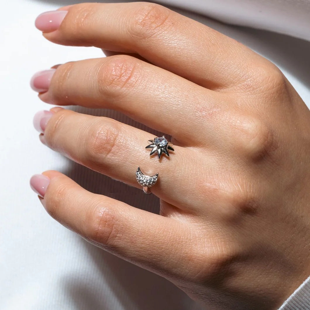 925 Sterling Silver Rhodium Plated Sun and Moon Open Ring with CZ Accents