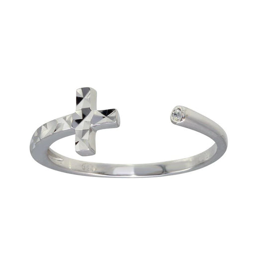 925 Sterling Silver Rhodium Plated CZ Diamond Cut Open Cross Ring