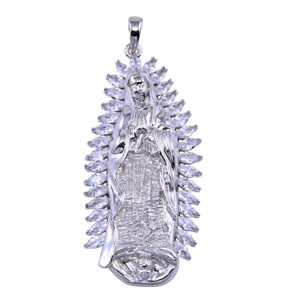 925 Sterling Silver Rhodium Plated CZ Lady of Guadalupe Pendant