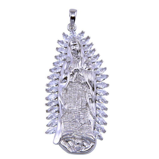 925 Sterling Silver Rhodium Plated CZ Lady of Guadalupe Pendant