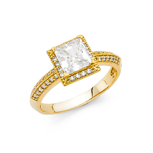 14K Yellow Gold Women’s Princess Cut Halo Cubic Zirconia Engagement Ring