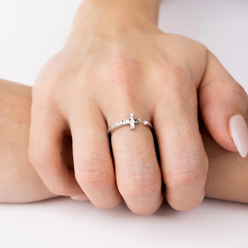 925 Sterling Silver Rhodium Plated CZ Diamond Cut Open Cross Ring