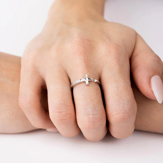 925 Sterling Silver Rhodium Plated CZ Diamond Cut Open Cross Ring
