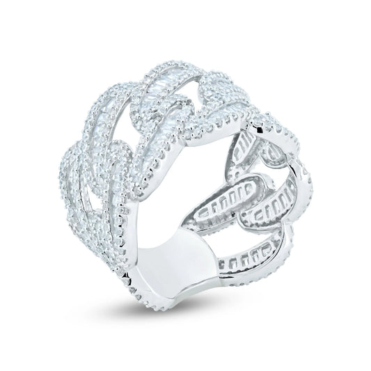 925 Sterling Silver Men's Sterling Rhodium CZ Encrusted Chain Link Ring