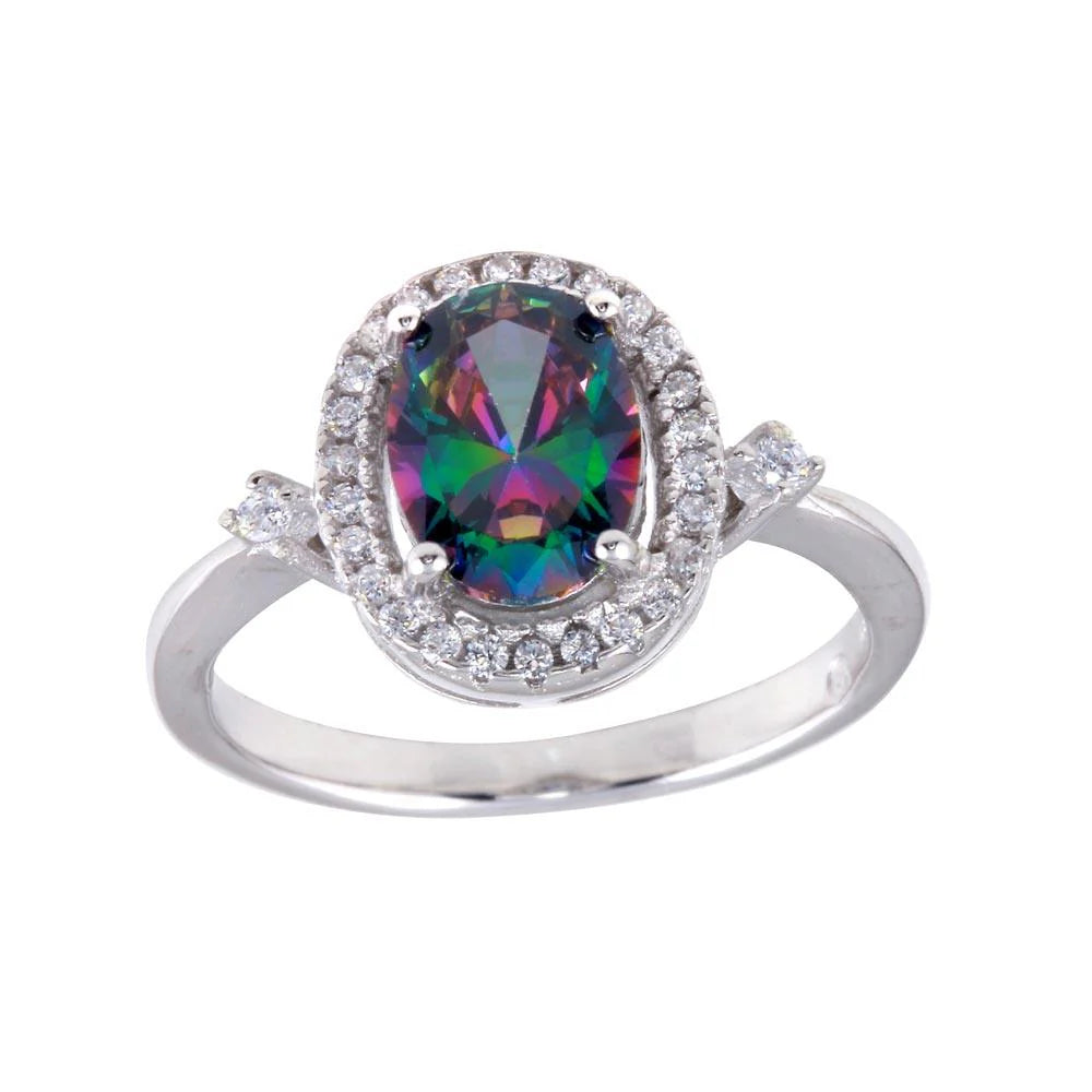 925 Sterling Silver Rhodium Plated Oval Solitaire Synthetic Mystic Topaz CZ Ring