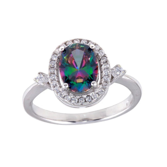 925 Sterling Silver Rhodium Plated Oval Solitaire Synthetic Mystic Topaz CZ Ring