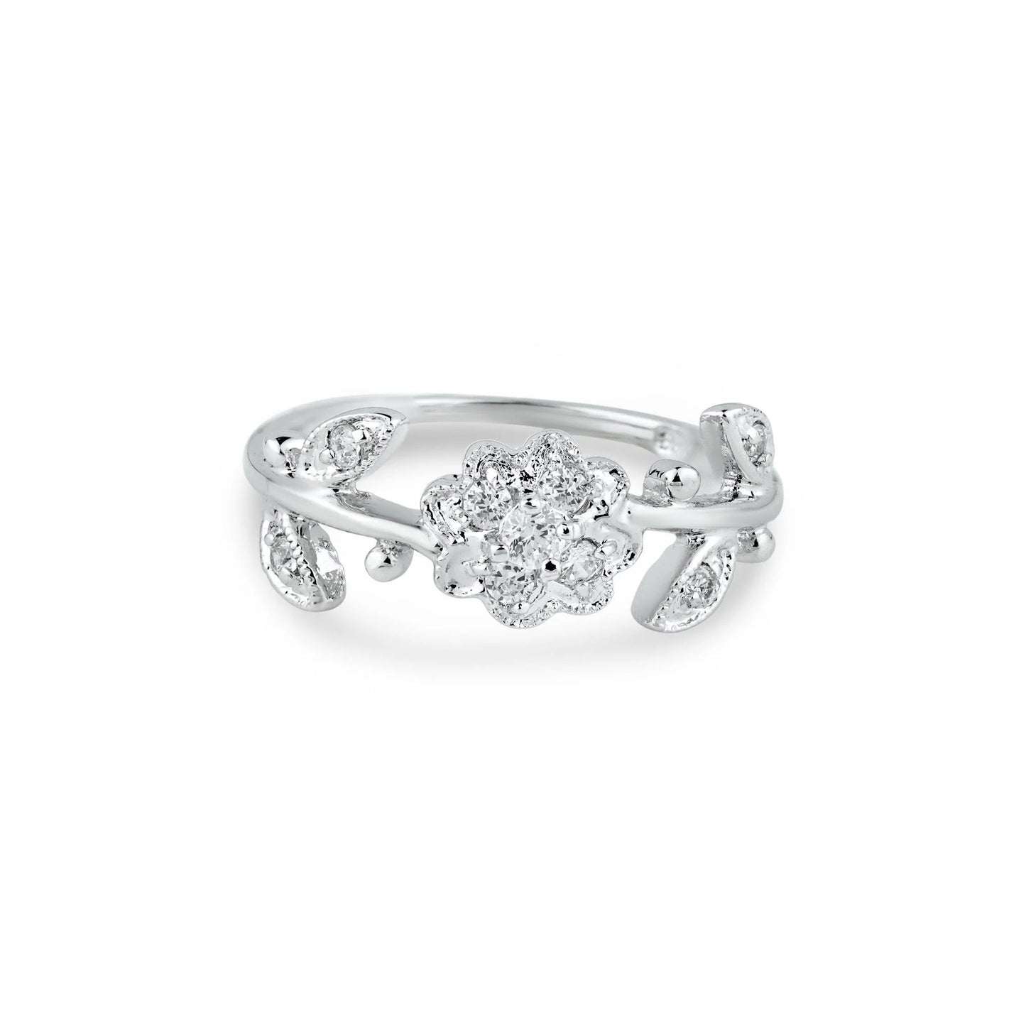 925 Sterling Silver Rhodium Plated Clear CZ Flower Ring