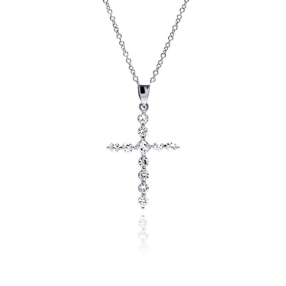 925 Sterling Silver Rhodium Plated CZ Cross Pendant Necklace