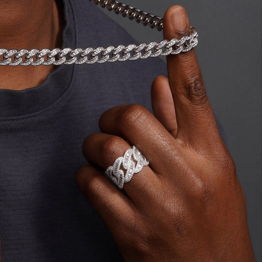 925 Sterling Silver Men's Sterling Rhodium CZ Encrusted Chain Link Ring
